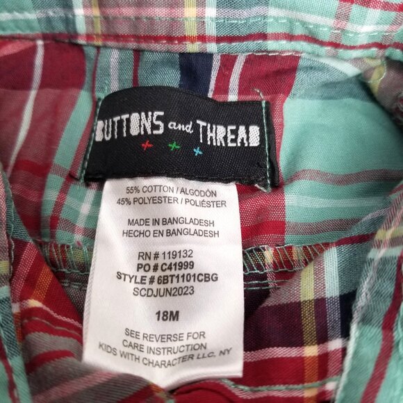 Buttons and Thread Boys Plaid Button Up Shirt Size 18M Red Green Cotton Preppy - Picture 4 of 8